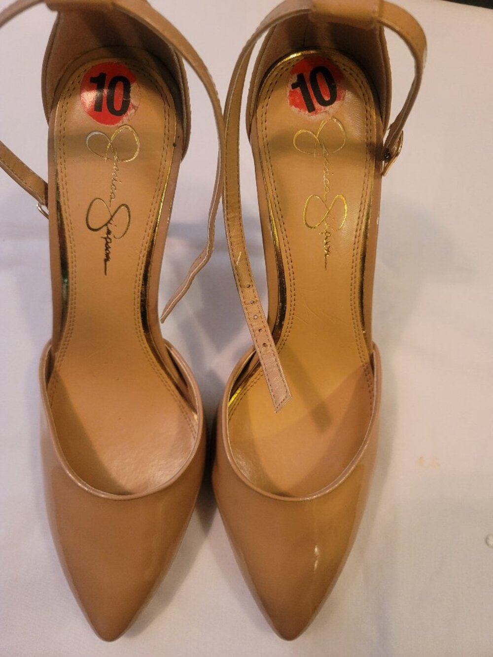 ✨ Jessica Simpson Nude Patent Leather Ankle Strap Pumps Size 10 ✨